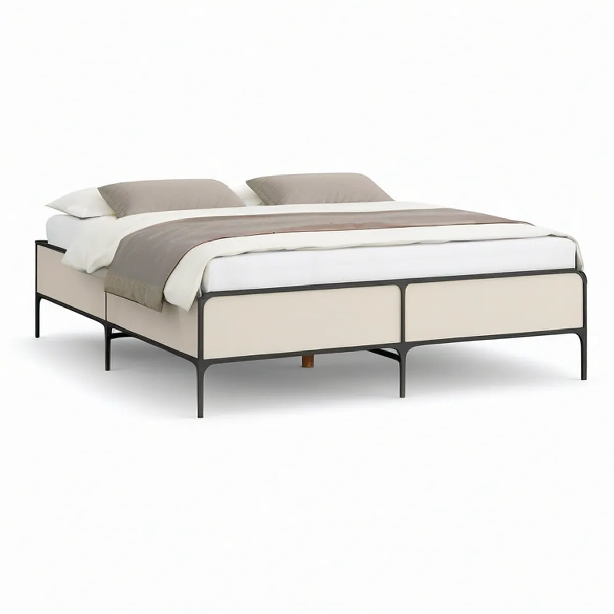Queen Platform Bed Frame, 80 x 60 x 15 in, Cream/Black Steel and MDF