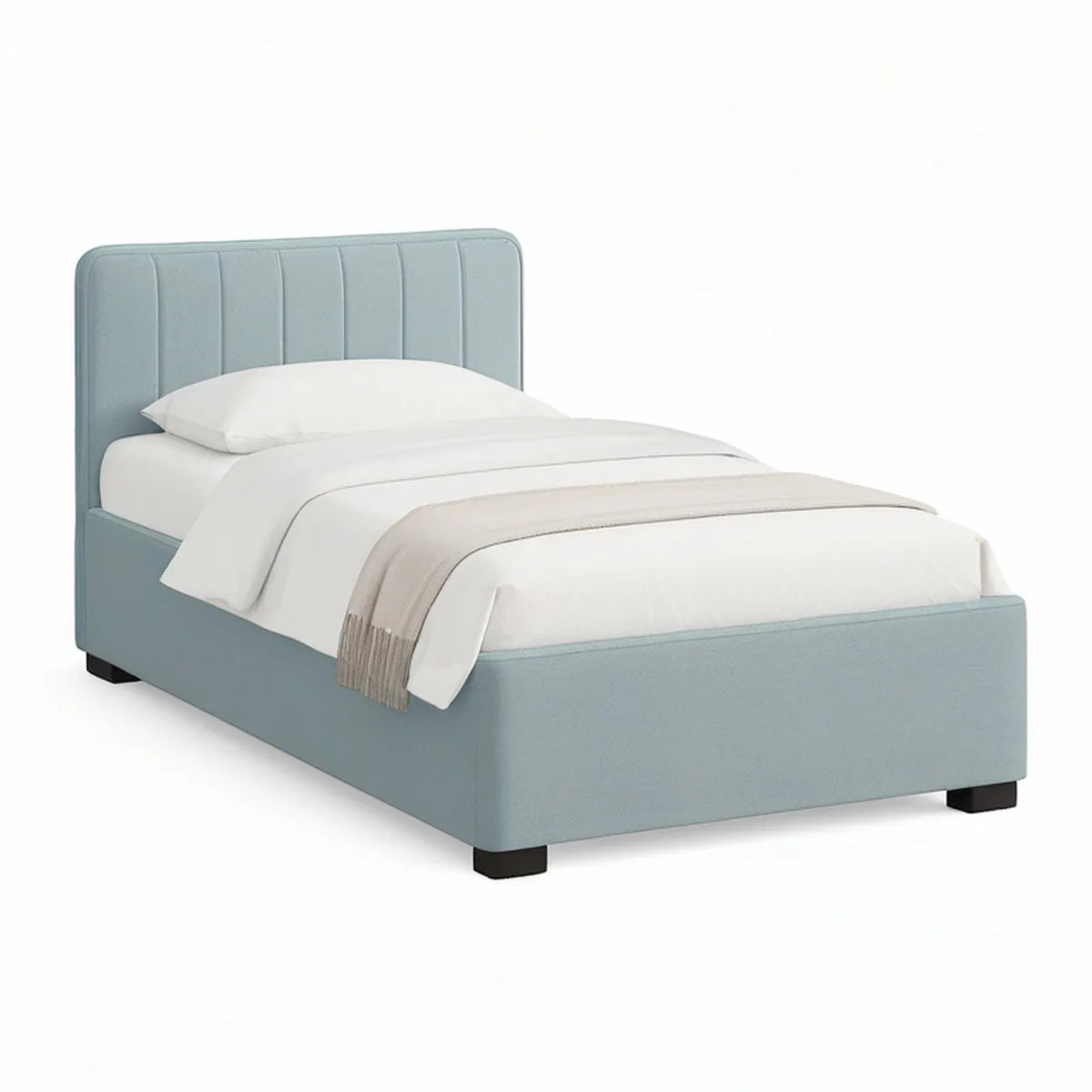 Light Blue Upholstered Twin Bed Frame, 39 x 75 in Mattress Area, 44 x 80 x 47 in Overall