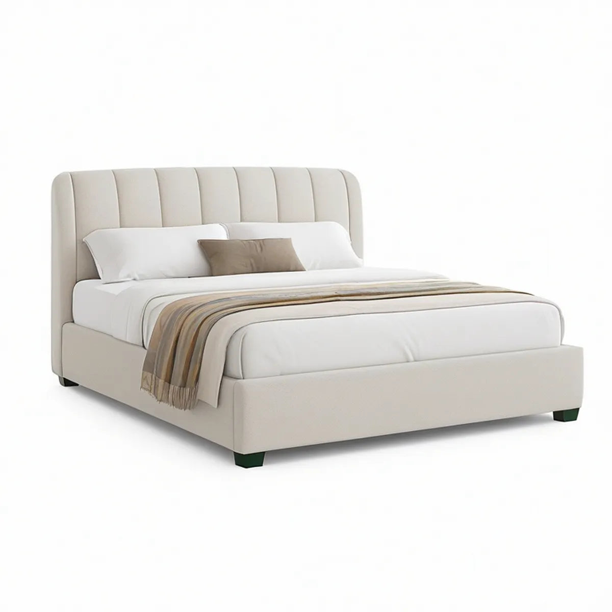 Queen Cream Upholstered Platform Bed Frame with Rounded Channel Headboard, 66 x 86 x 48 in