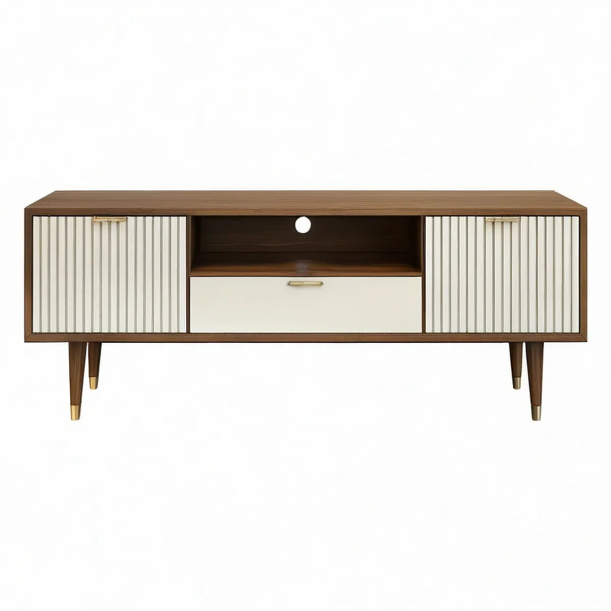 70.9 in Walnut, Ivory and Gold MDF TV Stand Media Console with Fluted Doors