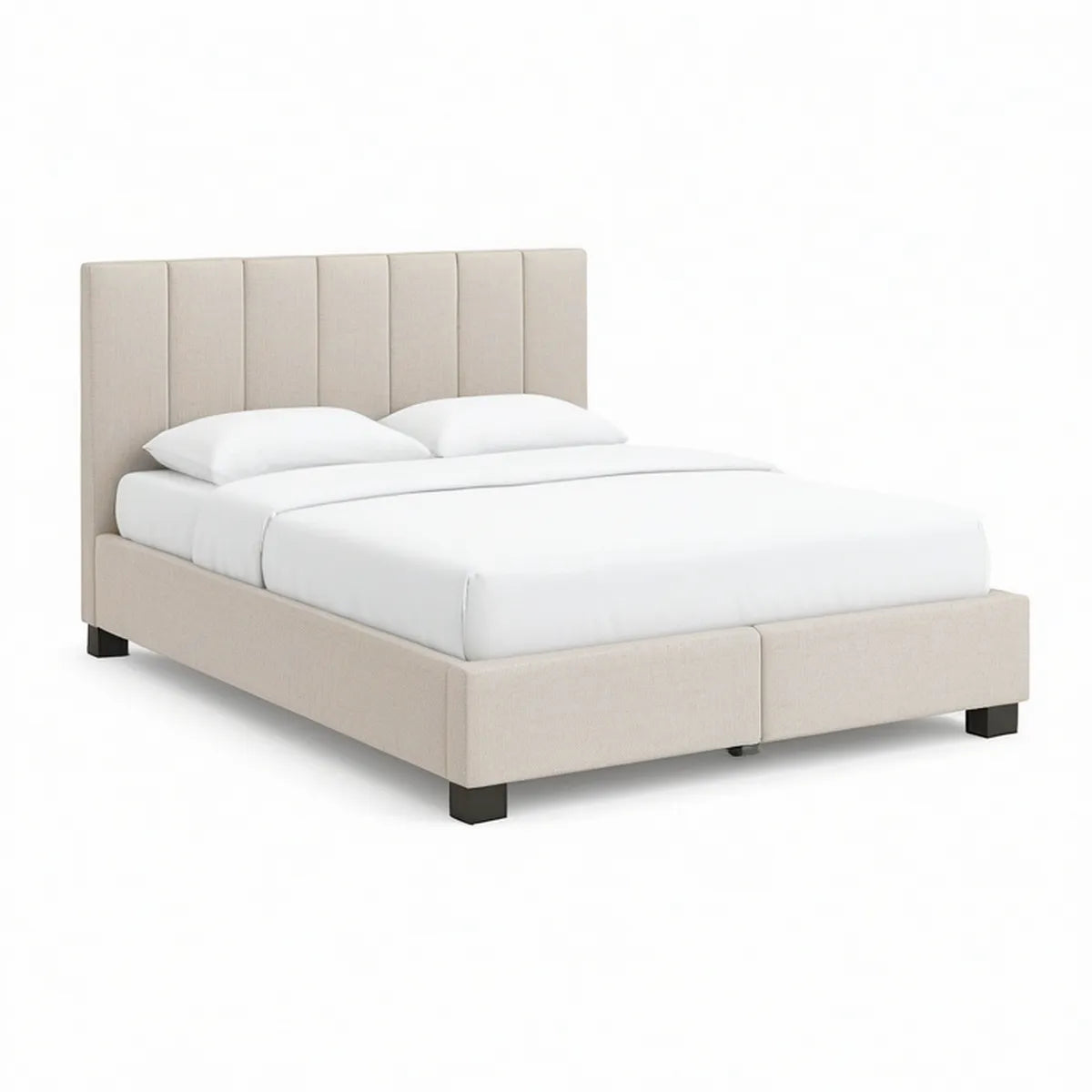 Beige Queen Upholstered Platform Bed Frame with Vertical Channel Headboard, 65 x 86 x 48 in