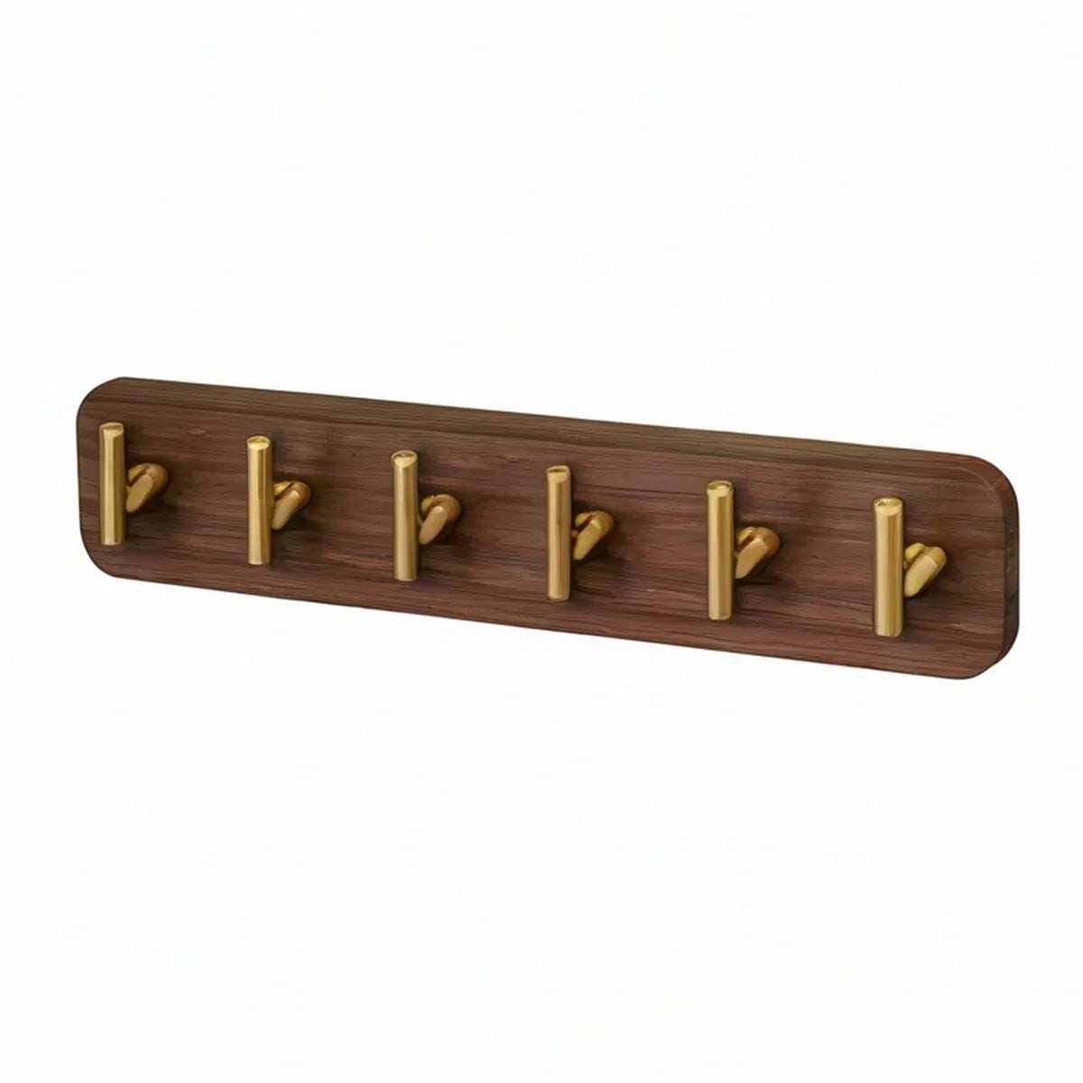 Wall-Mounted 6-Hook Coat Rack, Walnut Brown MDF with Gold Zinc Alloy Hooks, 23.6 x 3.9 x 1.6 in
