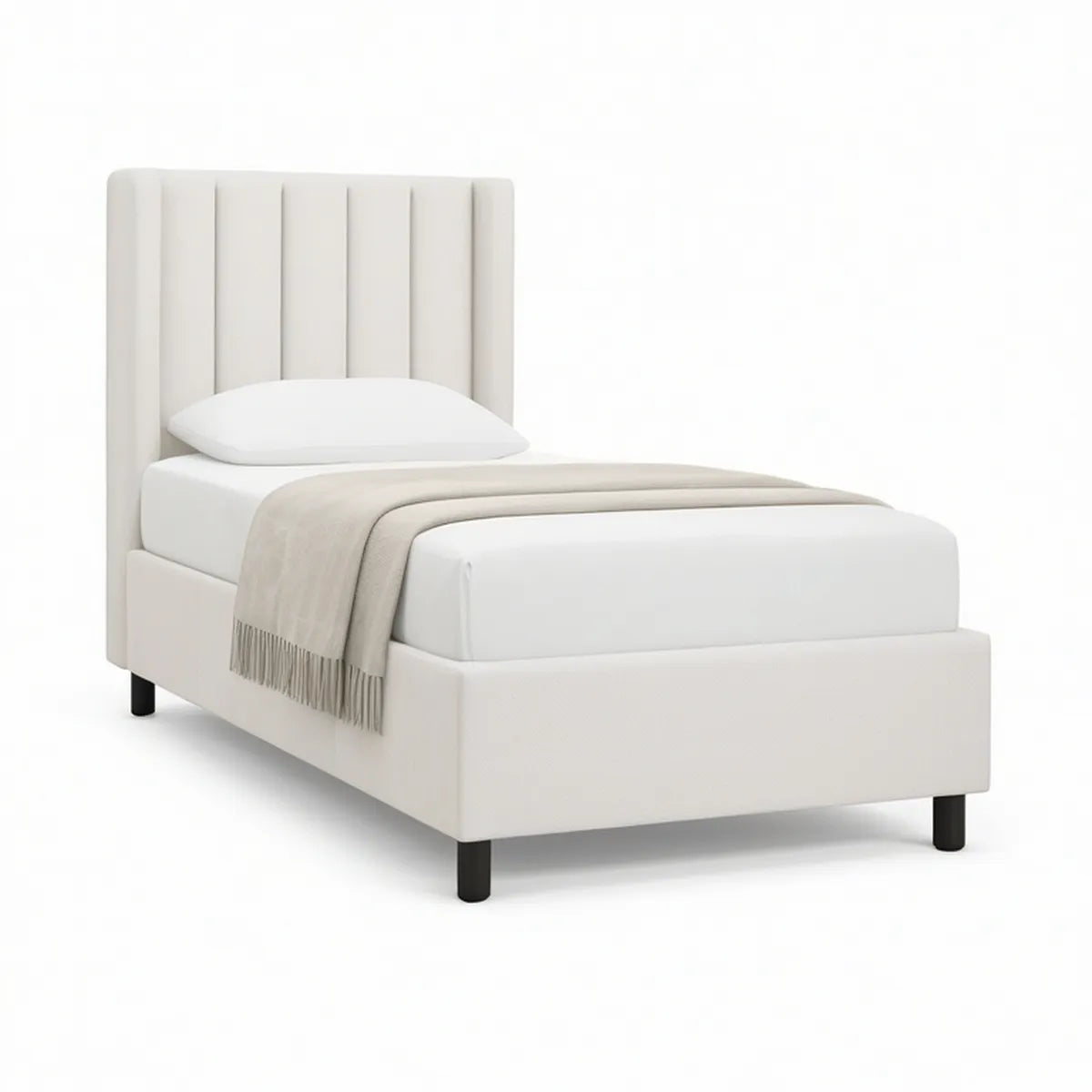 Twin Cream Upholstered Platform Bed Frame, 80 x 43 x 50 in, Fits 39 x 75 in Mattress, Black Legs