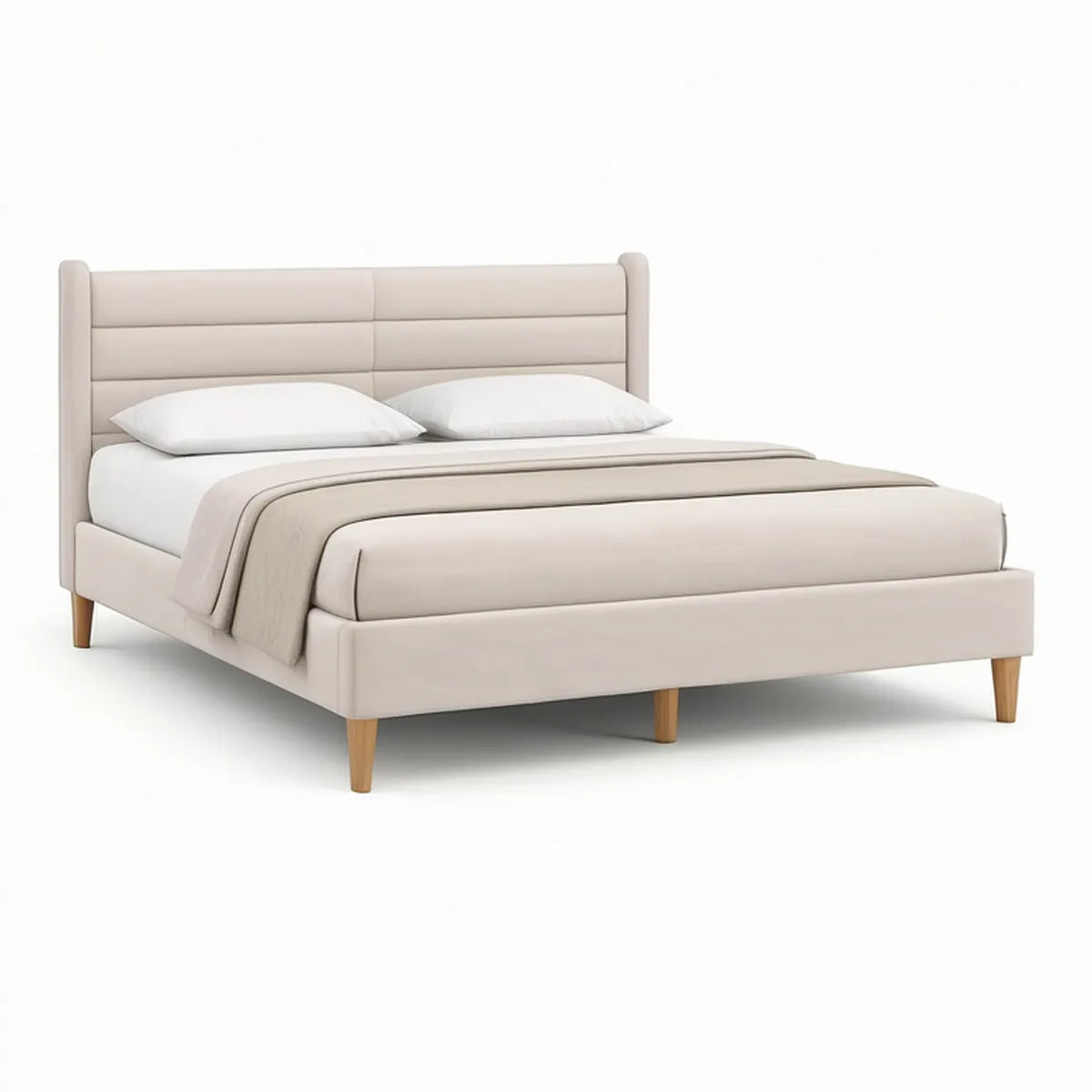 Queen Beige Upholstered Platform Bed Frame, 65 x 86 x 48 in