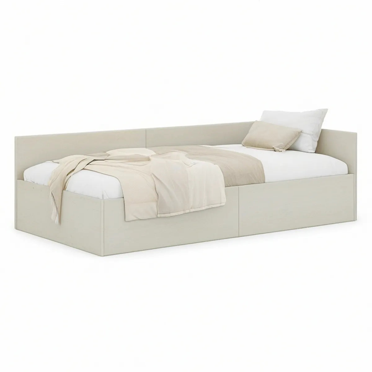 Twin Size Cream Engineered Wood Platform Frame with Three-Sided Guardrails, 78.7 x 41.7 x 31.5 in
