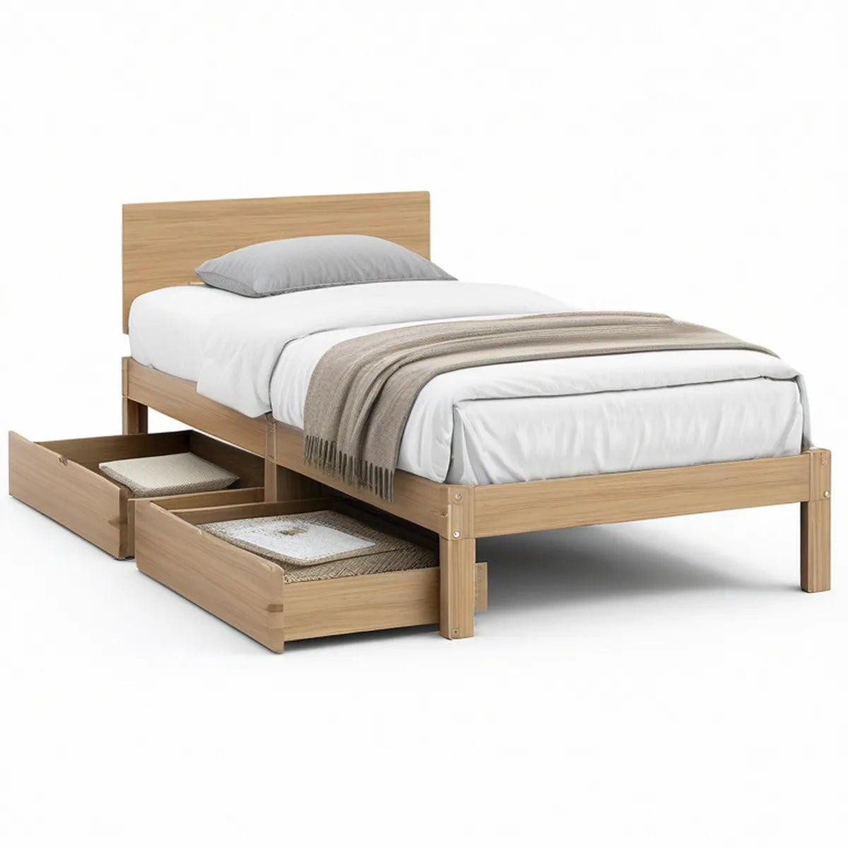 Twin Solid Pine Wood Storage Bed Frame with 2 Drawers, Natural Light Brown, 78.5 x 41.5 x 37 in