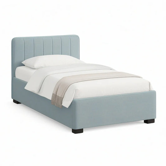 Light Blue Upholstered Twin Bed Frame, 39 x 75 in Mattress Area, 44 x 80 x 47 in Overall