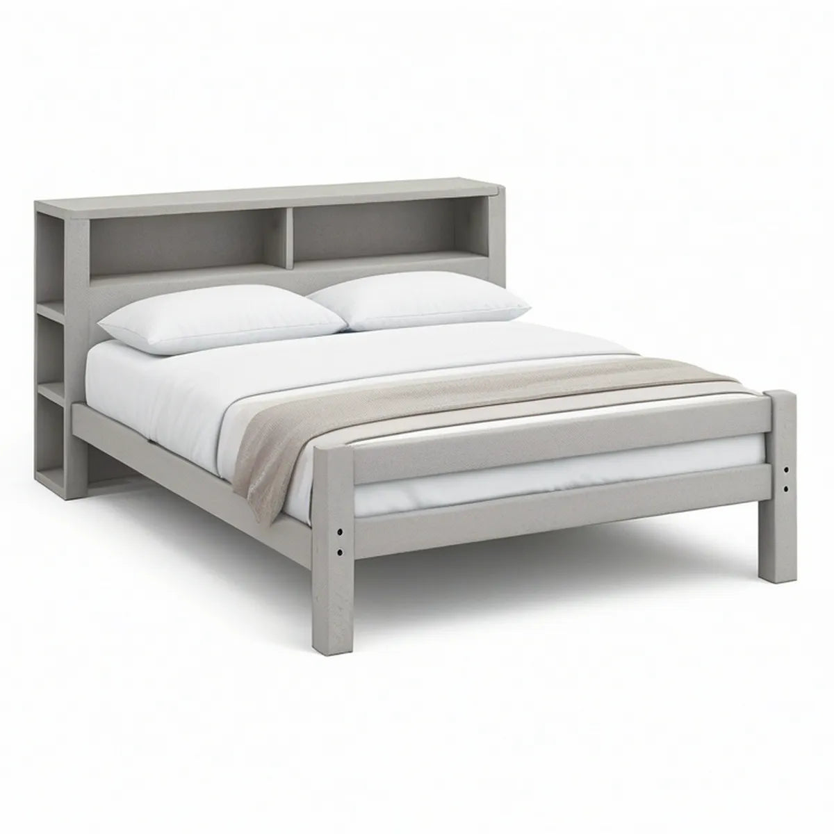 Full Size Gray Solid Pine Wood Platform Bed with Storage Bookcase Headboard, 57.5 x 81.9 x 48.4 in