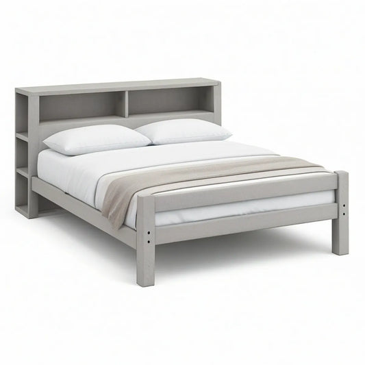 Full Size Gray Solid Pine Wood Platform Bed with Storage Bookcase Headboard, 57.5 x 81.9 x 48.4 in