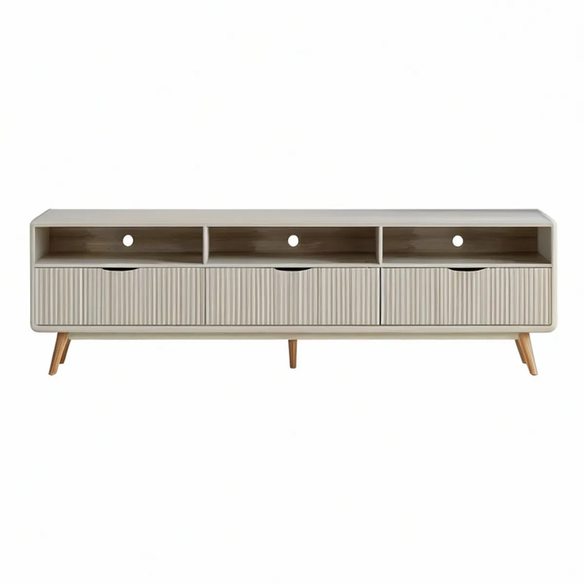 70.9 in Ivory Media Console with Fluted Drawers and Natural Rubberwood Legs