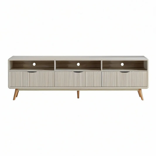 70.9 in Ivory Media Console with Fluted Drawers and Natural Rubberwood Legs
