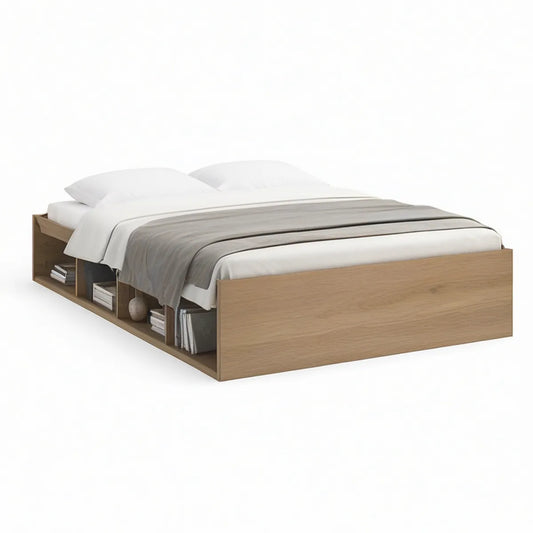 Queen Platform Bed Frame with Open Side Storage Shelves, Natural Oak, 81.5 x 63 x 15 in