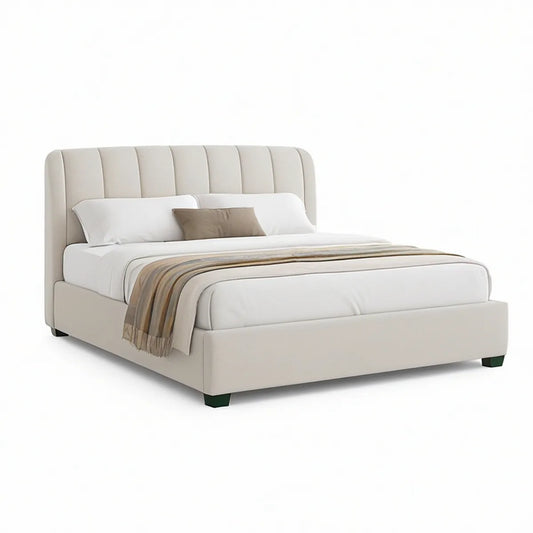 Queen Cream Upholstered Platform Bed Frame with Rounded Channel Headboard, 66 x 86 x 48 in