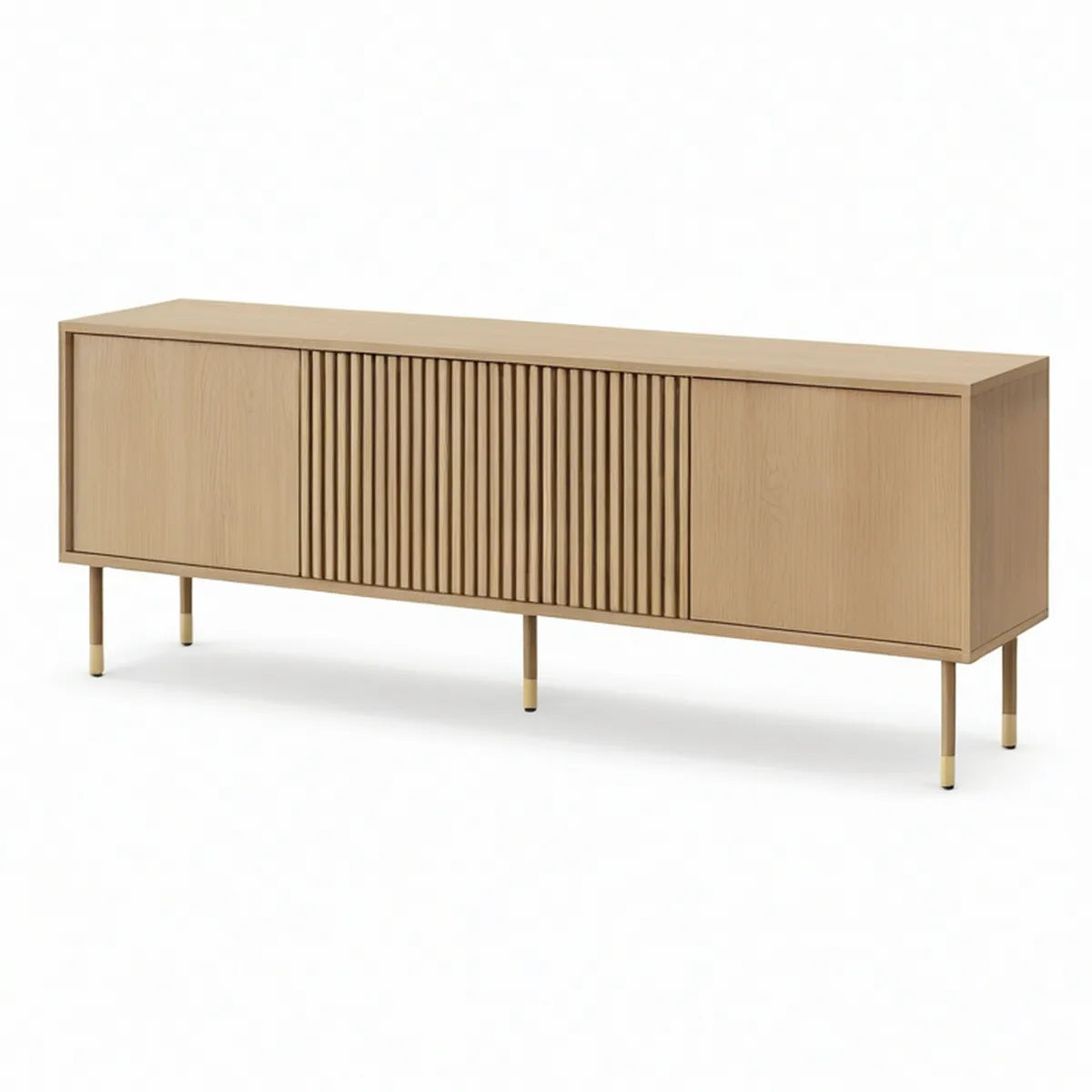 Natural Oak and Gold 3-Door Media Console with Fluted Center Door, 180 x 40 x 80 cm