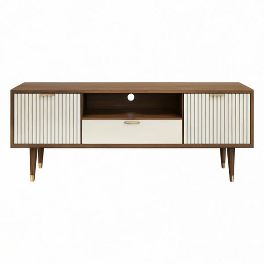 70.9 in Walnut, Ivory and Gold MDF TV Stand Media Console with Fluted Doors
