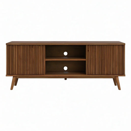 Walnut Brown TV Stand with 2 Fluted Sliding Doors, Open Shelves and Cable Holes, 63 x 15.7 x 23.6 in