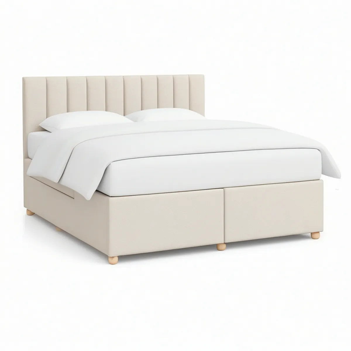 Queen Cream Upholstered Platform Bed with Vertical Channel-Tufted Headboard, 64 x 85 x 50 in