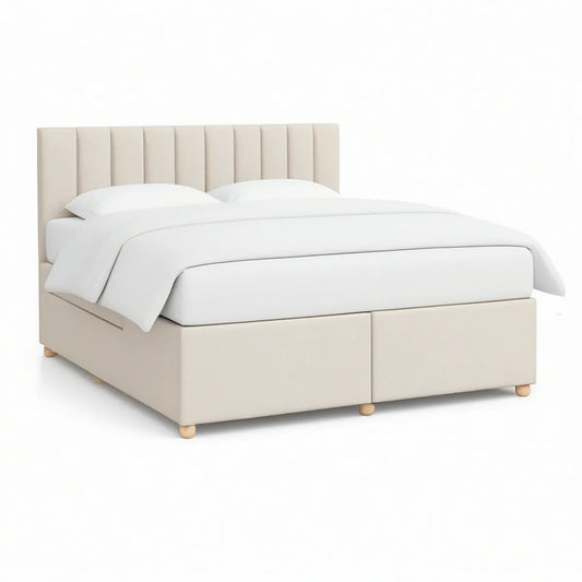 Queen Cream Upholstered Platform Bed with Vertical Channel-Tufted Headboard, 64 x 85 x 50 in