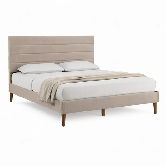 Queen Beige Upholstered Platform Bed Frame with Channeled Headboard, 64 x 85 x 54 in