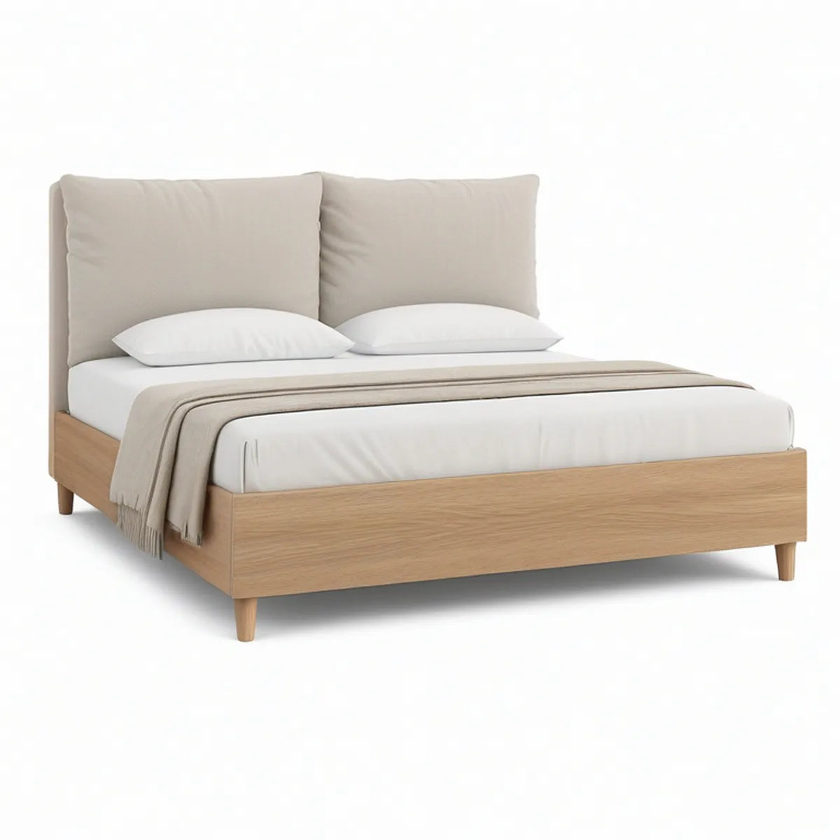 Queen Platform Bed Frame, 80 x 60 in Mattress Area, Natural Oak and Beige Upholstered Headboard