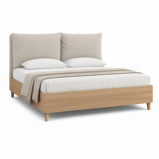 Queen Platform Bed Frame, 80 x 60 in Mattress Area, Natural Oak and Beige Upholstered Headboard