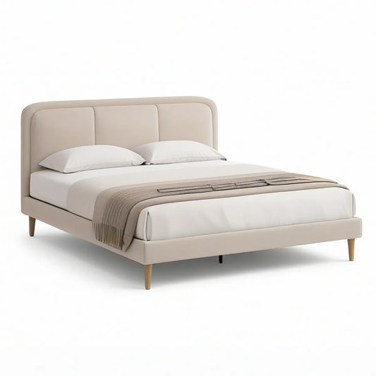 Queen Beige Upholstered Platform Bed Frame, 65 x 86 x 45 in, Rounded Three-Panel Headboard