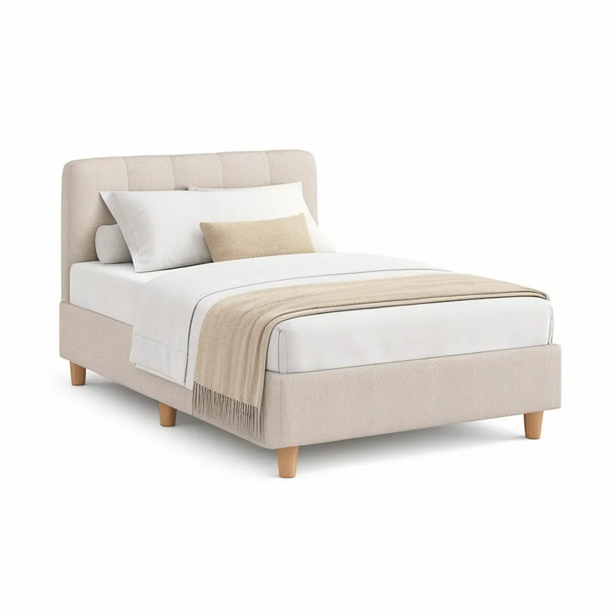 Queen Beige Upholstered Platform Bed Frame, 64 in W x 85 in L x 46 in H