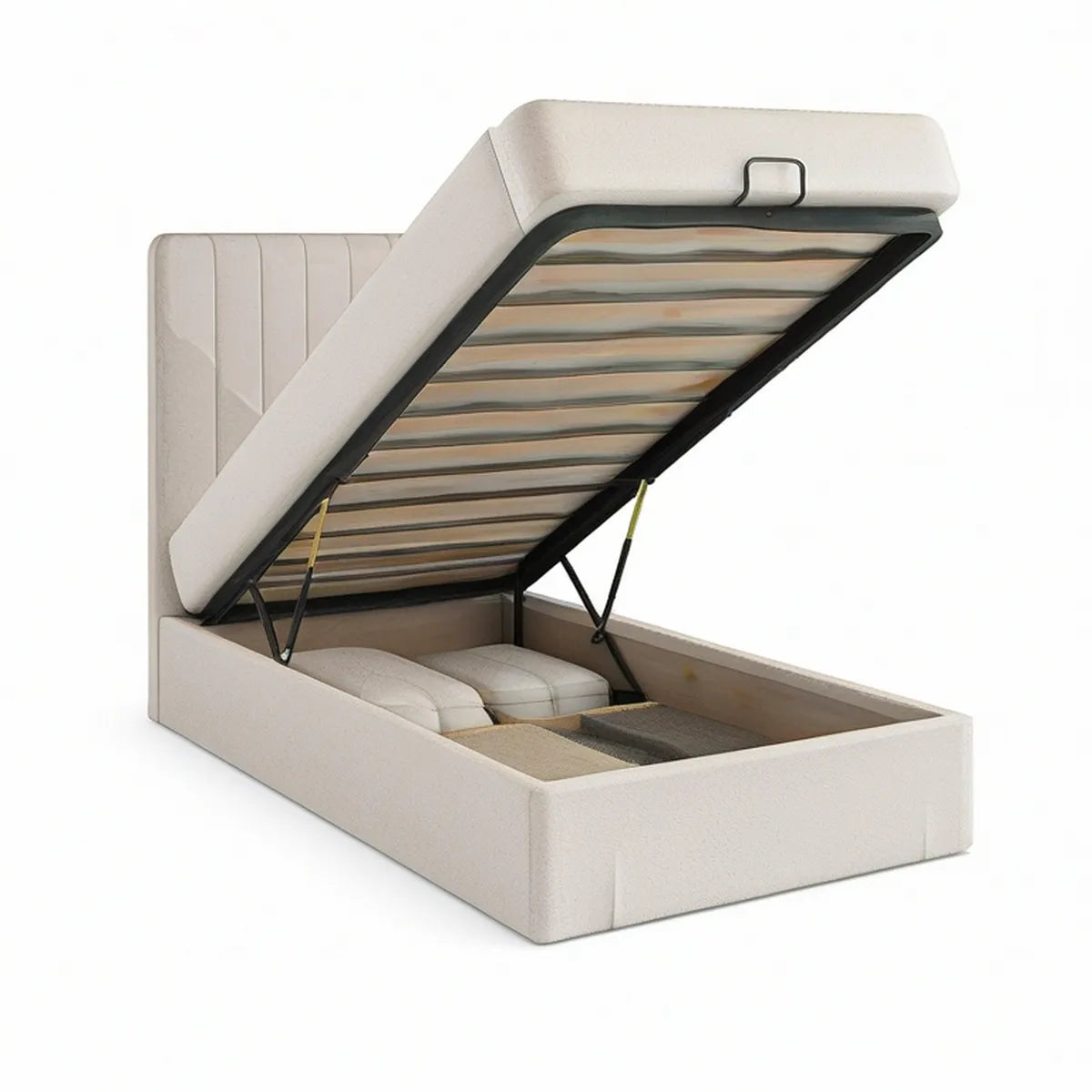 Cream Queen Lift-Up Storage Bed Frame, 60 x 80 in Mattress Area, 64 x 85 x 48 in