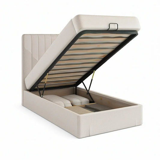 Cream Queen Lift-Up Storage Bed Frame, 60 x 80 in Mattress Area, 64 x 85 x 48 in