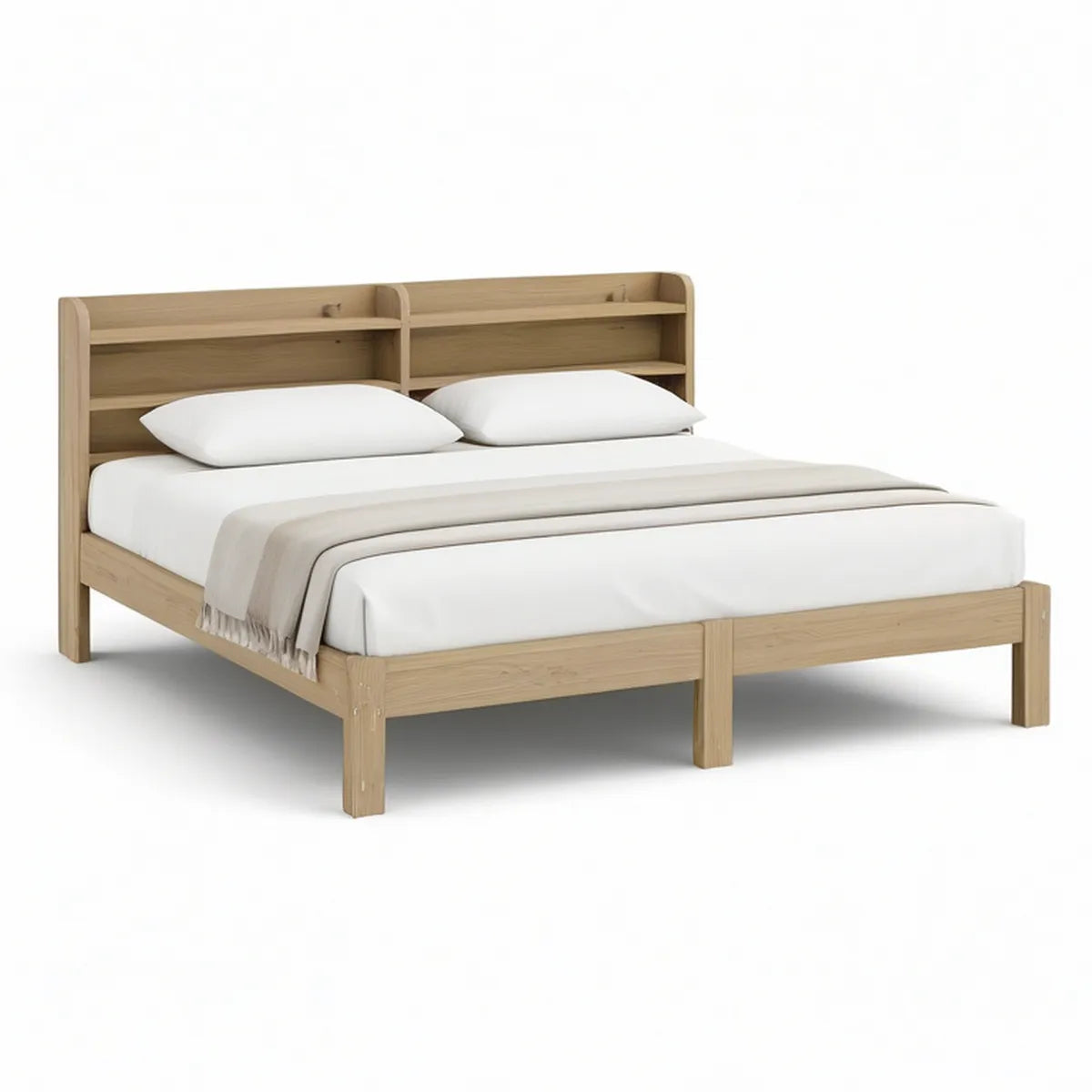 Natural Oak Queen Platform Bed Frame with Storage Headboard, 87 x 63 x 47 in
