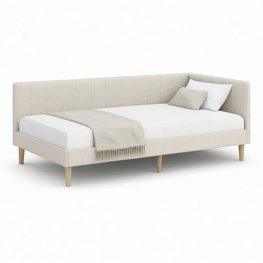 Queen Upholstered Platform Bed Frame, Beige Polyester, 87 x 65 x 35 in