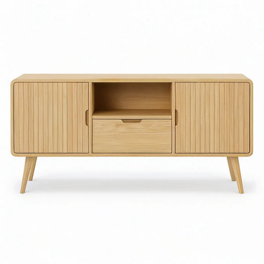 63 x 16 x 31.5 in Light Oak Engineered Wood TV Stand with 2 Fluted Doors, Drawer and Open Shelf