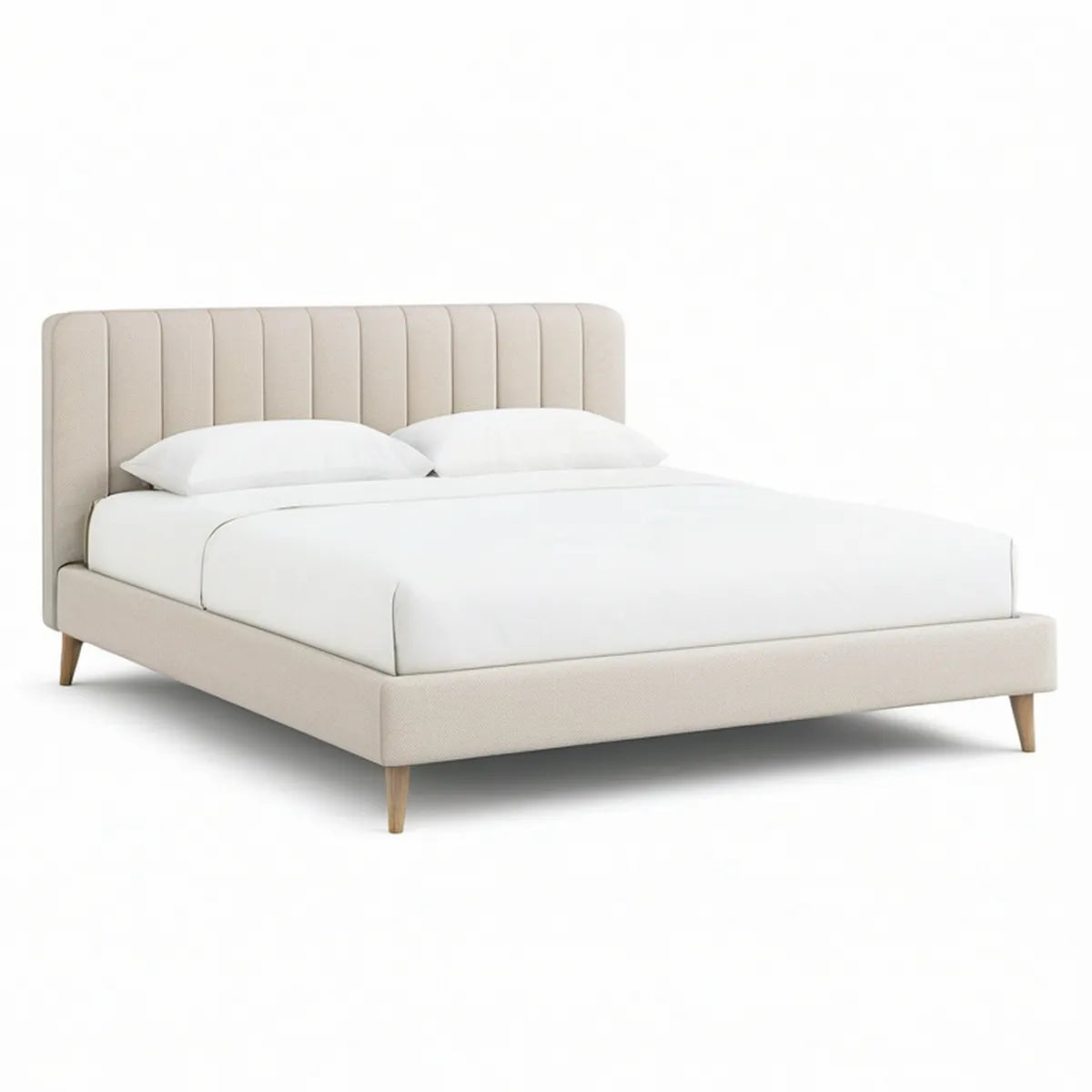 Queen Beige Upholstered Bed with Channel-Tufted Headboard, 64 x 87 x 46 in