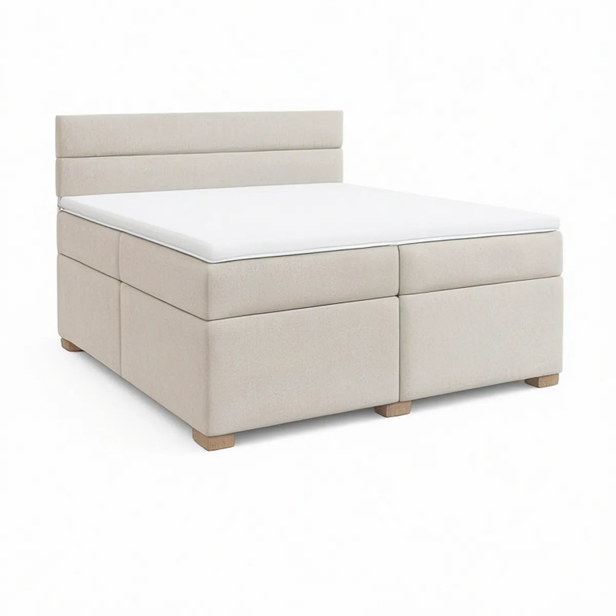Queen Upholstered Bed Frame with Padded Headboard, Beige Polyester and Natural Wood, 84 x 64 x 47 in