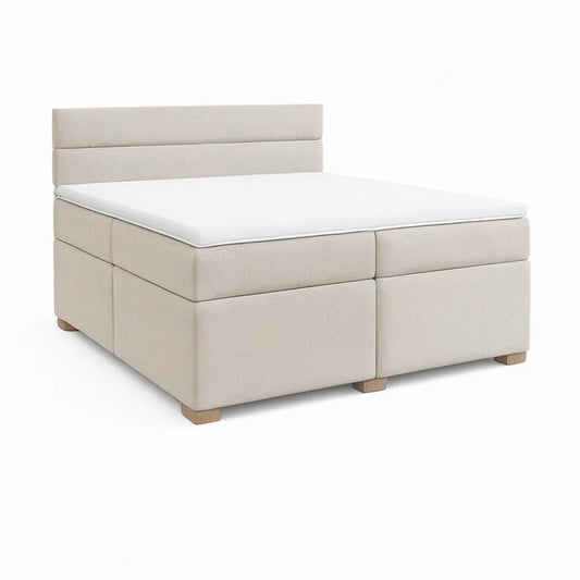 Queen Upholstered Bed Frame with Padded Headboard, Beige Polyester and Natural Wood, 84 x 64 x 47 in