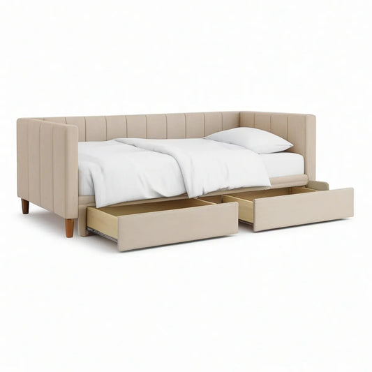Cream Upholstered Full Storage Daybed Frame with 2 Drawers, 80 x 56 x 35 in