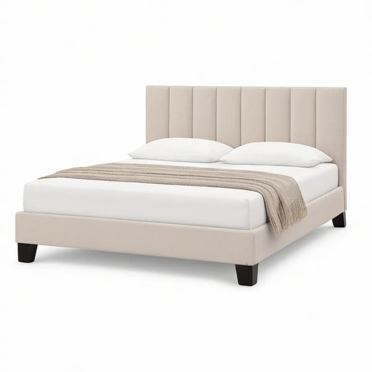 Queen Beige Upholstered Platform Bed Frame with Vertical Channel Headboard, 63 x 84 x 47 in