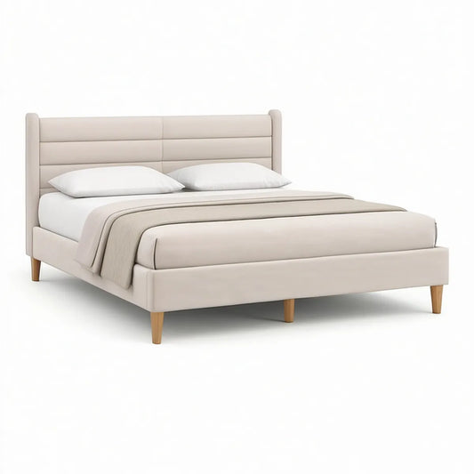 Queen Beige Upholstered Platform Bed Frame, 65 x 86 x 48 in