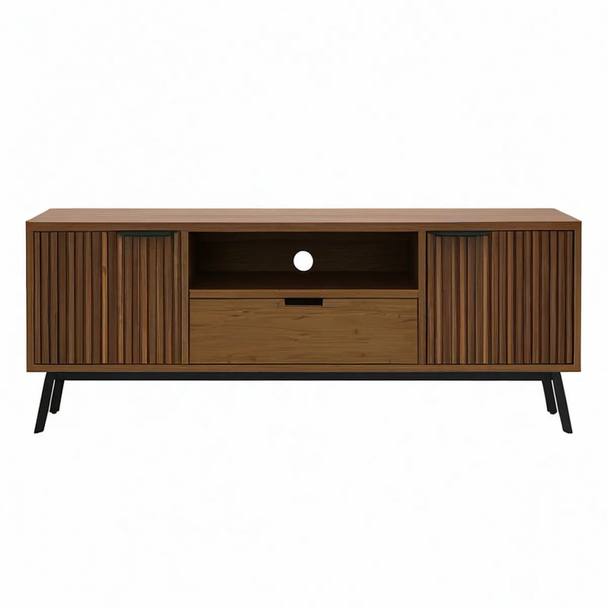 63 in Walnut Brown Engineered Wood Media Console with Black Steel Legs, 63.0 x 15.7 x 30.0 in