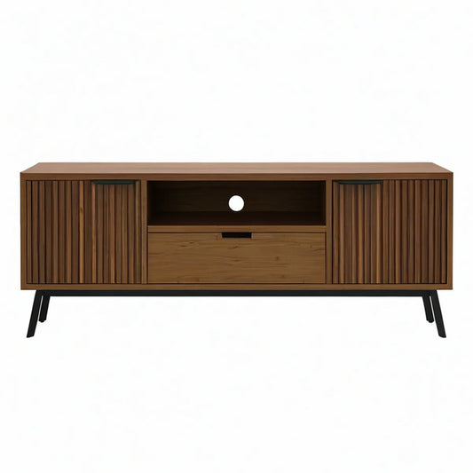 63 in Walnut Brown Engineered Wood Media Console with Black Steel Legs, 63.0 x 15.7 x 30.0 in